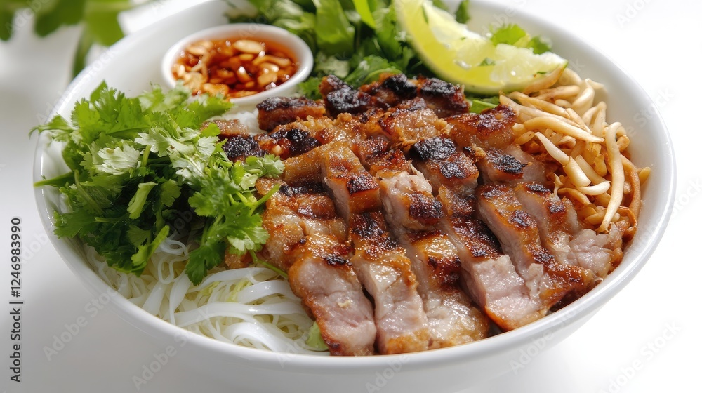A bowl of Vietnamese with grilled pork, noodles, and fresh herbs on white. A bowl of Vietnamese with grilled pork, noodles, and fresh herbs on white.