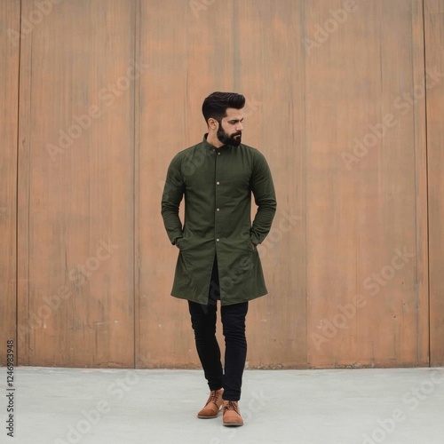 Man in olive green long coat against brown wall. Casual fashion style
