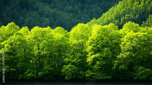 Lush Green Trees Line a Dark Water's Edge