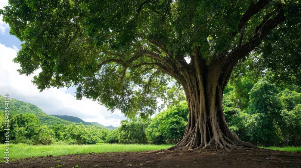 View of the dense green canopy of a large tree - A majestic large tree with a dense green canopy symbolizes strength, nature, resilience, tranquility, and biodiversity in a serene landscape setting. View of the dense green canopy of a large tree - A majestic large tree with a dense green canopy symbolizes strength, nature, resilience, tranquility, and biodiversity in a serene landscape setting.