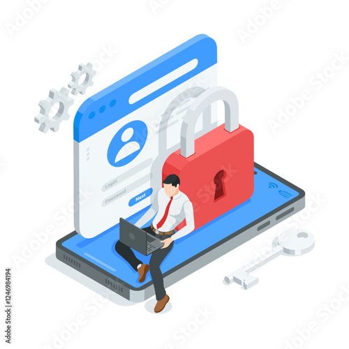 isometric vector man with laptop on smartphone screen and padlock with browser window, in color on white background, login and password or account login, data protection concept