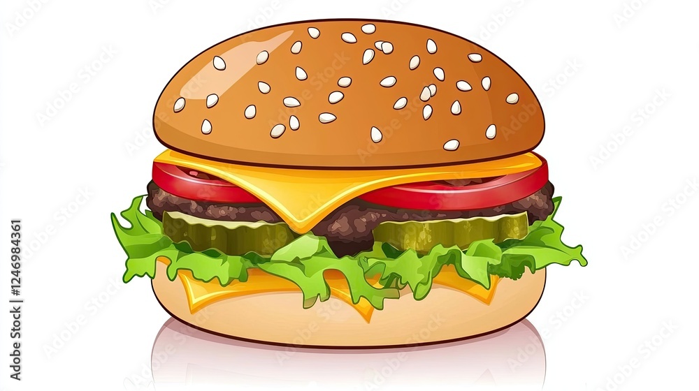 A classic cheeseburger with melted cheese, lettuce, tomato, and pickles on a white background