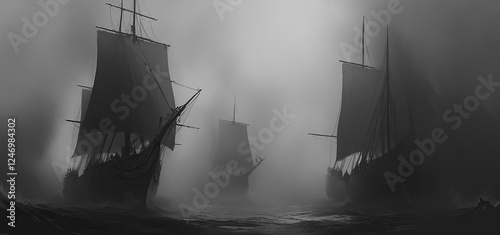 Rendering of a tall ship sailing on the ocean, with an illustrative backdrop