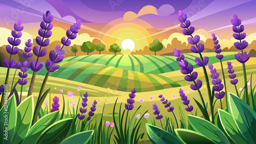 Blooming lavender flowers in a field with a peaceful, tranquil background of green and yellow bokeh, eliciting the beauty of nature