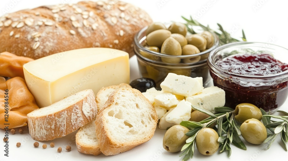 A colorful Turkish breakfast platter with olives, cheese, jams, and fresh bread on white. A colorful Turkish breakfast platter with olives, cheese, jams, and fresh bread on white.