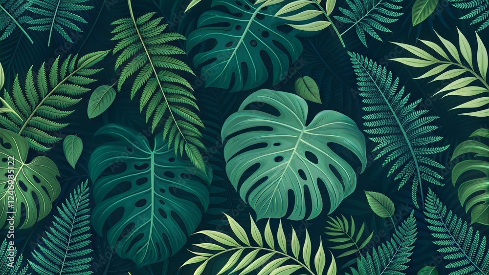 Fototapeta premium Tropical leaves pattern in vibrant green colors against a dark background for decorative use