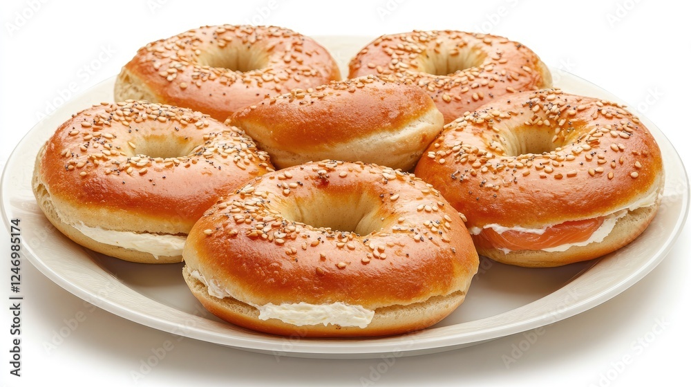 A plate of bagels with cream cheese and smoked salmon on a white background A plate of bagels with cream cheese and smoked salmon on a white background