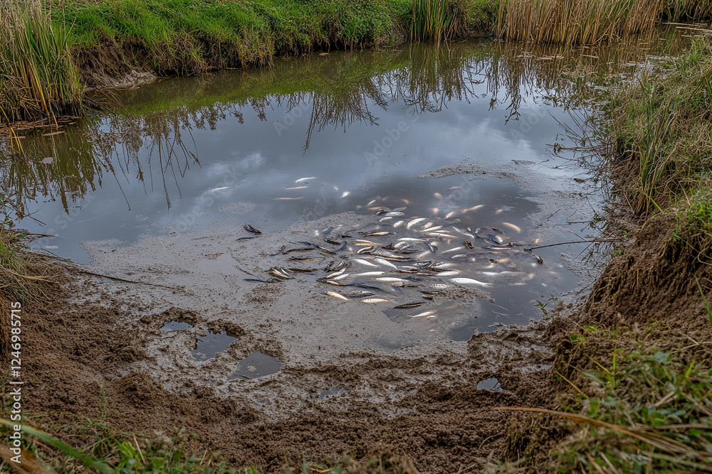 Fish gathering in a shallow pond surrounded by grass and reeds during a cloudy day Fish gathering in a shallow pond surrounded by grass and reeds during a cloudy day