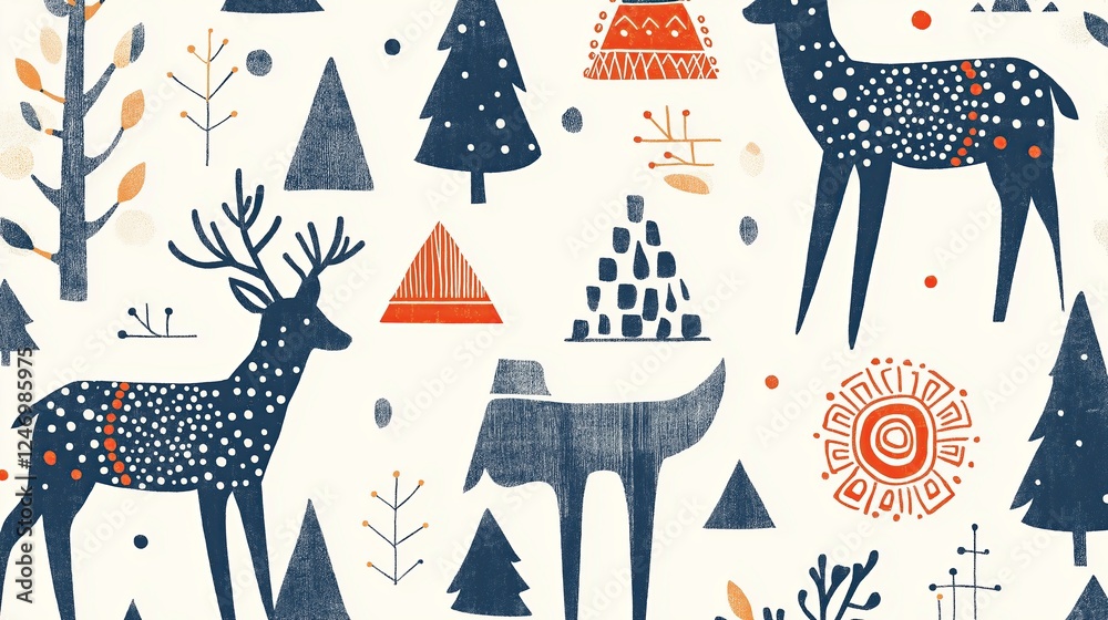 A hand-drawn folk art pattern featuring deer, trees, and geometric shapes A hand-drawn folk art pattern featuring deer, trees, and geometric shapes