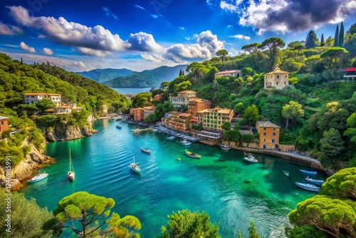 Stunning Aerial View of Paraggi Bay, Portofino, Italy: Turquoise Waters & Lush Coastline photo