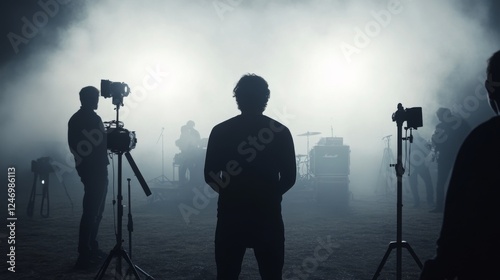 Silhouette of Music Video Crew Filming Band Performance in Foggy Studio photo