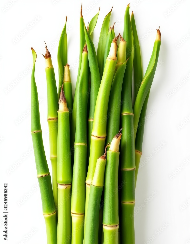 Obraz premium A Vibrant Composition of Fresh Bamboo Stalks Against a Clean White Background