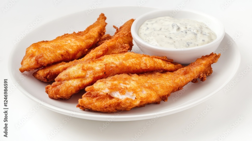 A plate of Southern-style fried catfish with tartar sauce on a white background A plate of Southern-style fried catfish with tartar sauce on a white background