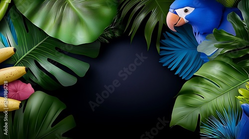 Vibrant tropical scene featuring a blue parrot among lush green leaves and bananas, ideal for nature themes photo