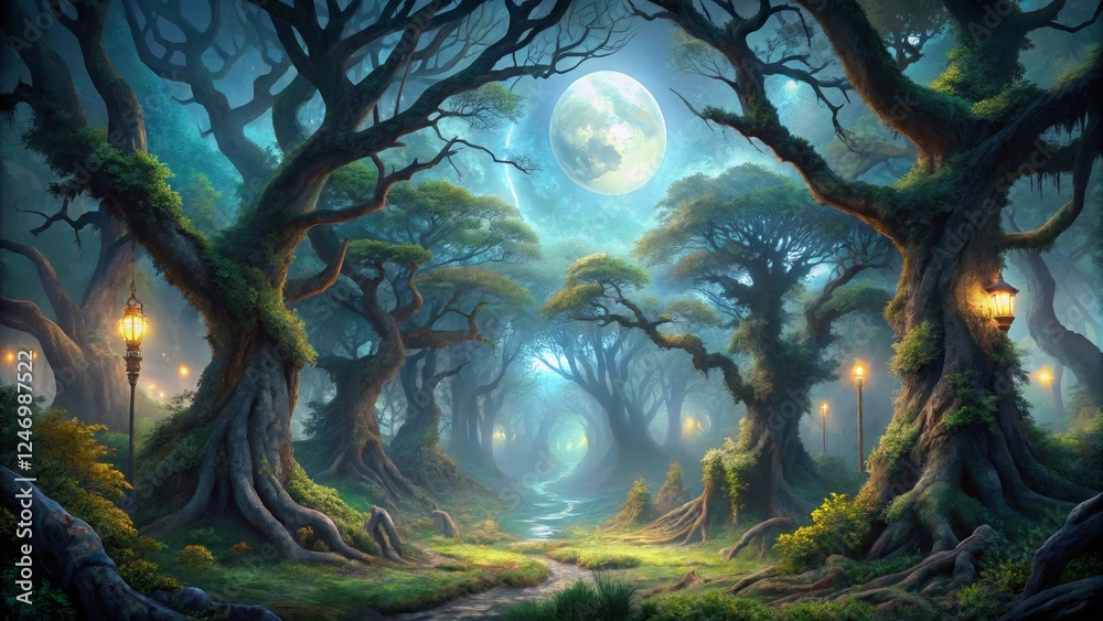 Enchanted Forest with Mystical Moon and Soft Glowing Lanterns Enchanted Forest with Mystical Moon and Soft Glowing Lanterns