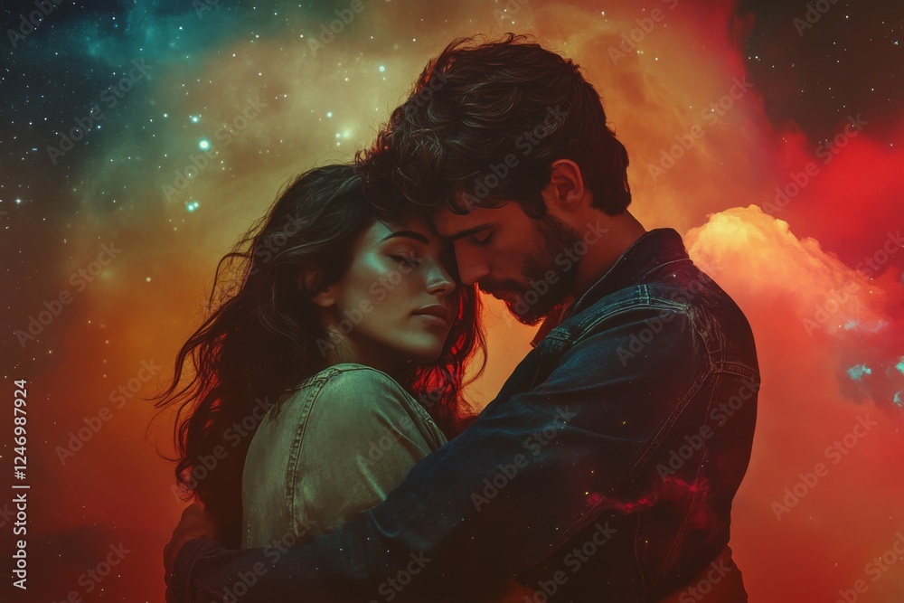 Couple embracing in a romantic moment, set against a backdrop of a nebula-like cosmic scene