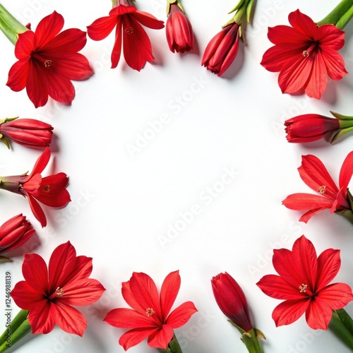 Colorful arrangement of red salvia flowers on white background, nature art, natural, botanical
