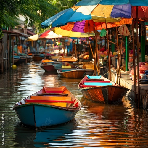 Colorful Floating Market on Scenic Tropical River with Umbrellas and Boats