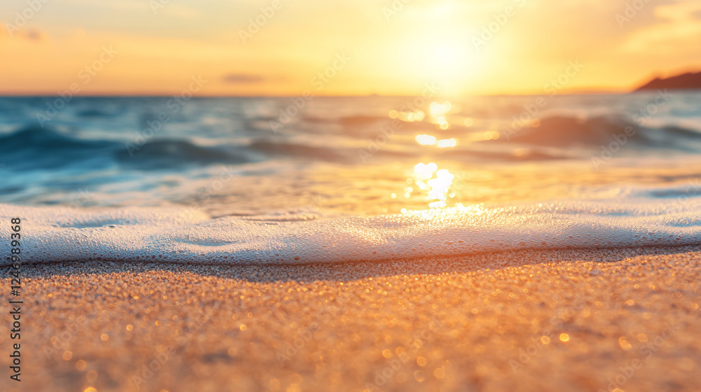 Obraz premium A close-up view captures sea sand and beach elements, inspiring thoughts of a tropical beach with a horizon featuring an orange and golden sunset sky, evoking a sense of calmness and relaxation.