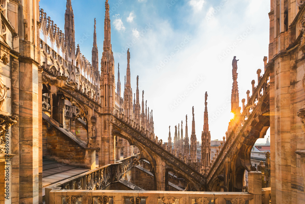 Top view from the roof of Duomo di Milano Cathedral with marble statues,Piazza del Duomo square, Milan, Lombardy, Italy