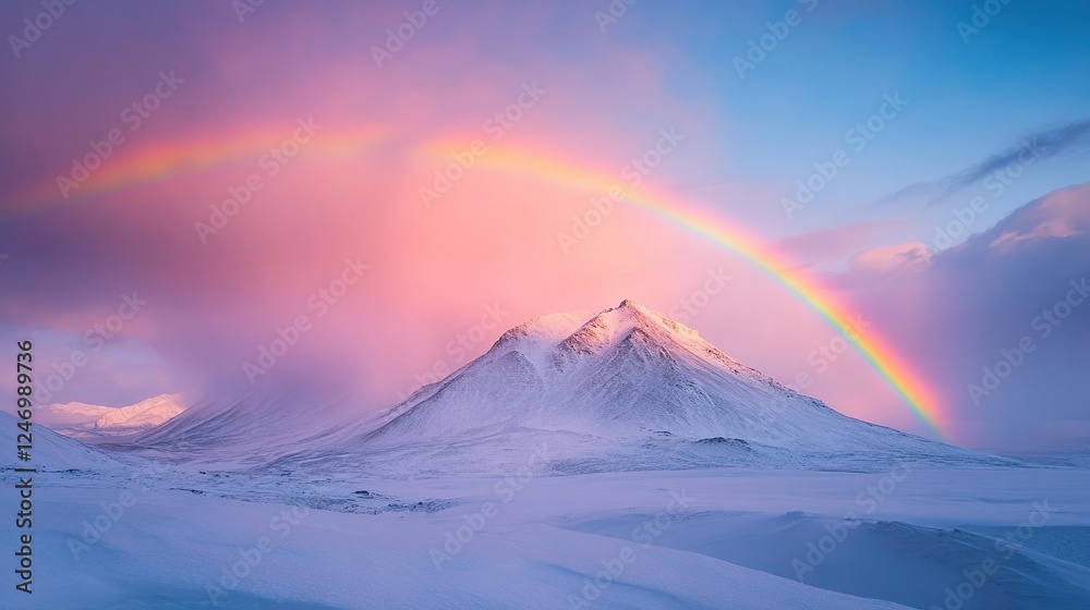 Rainbow Arcing Over Snowy Mountain Peaks At Sunset Rainbow Arcing Over Snowy Mountain Peaks At Sunset