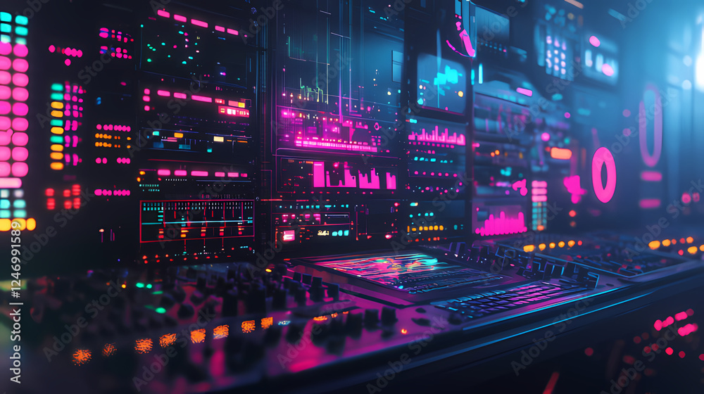 Fototapeta premium Futuristic Audio Production Studio with Neon Cyberpunk Aesthetic
