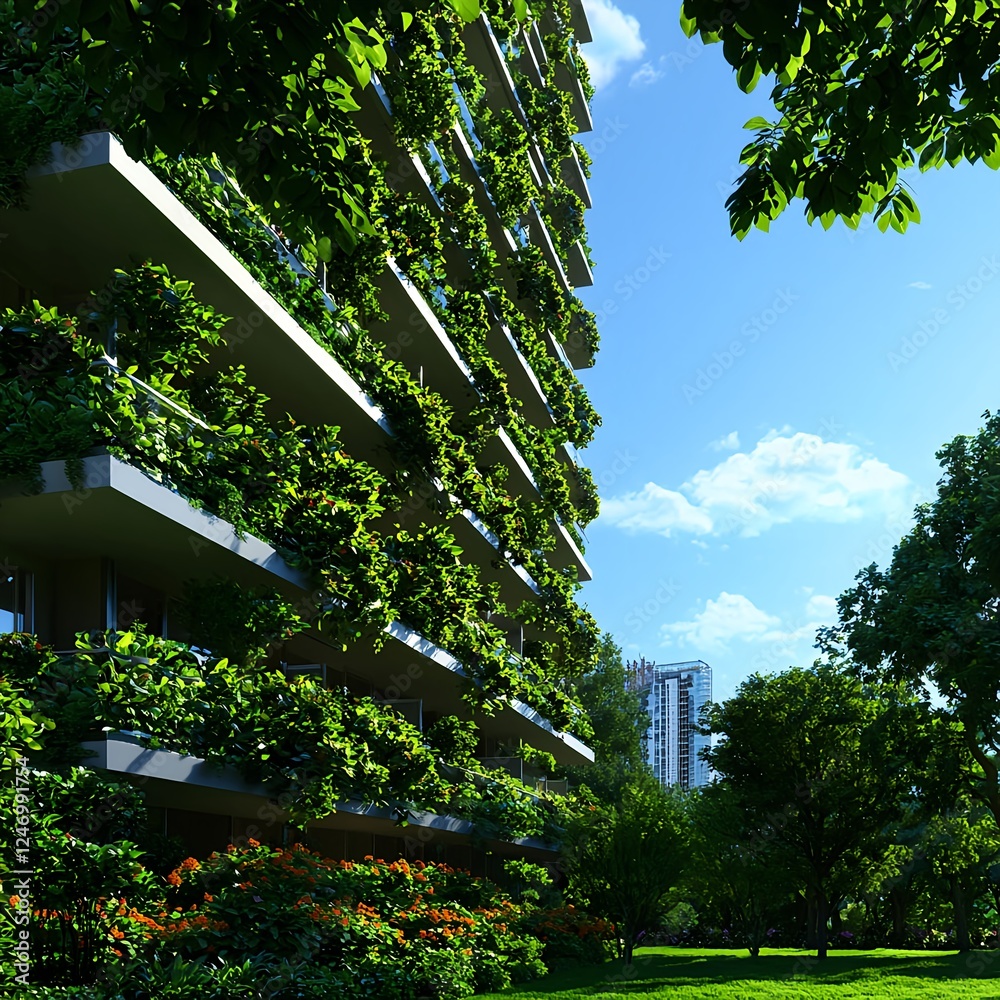 Lush Green Vertical Garden on Modern Building Facade