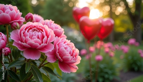 Romantic pink peonies with heart balloons glowing warmly against sunset backdrop