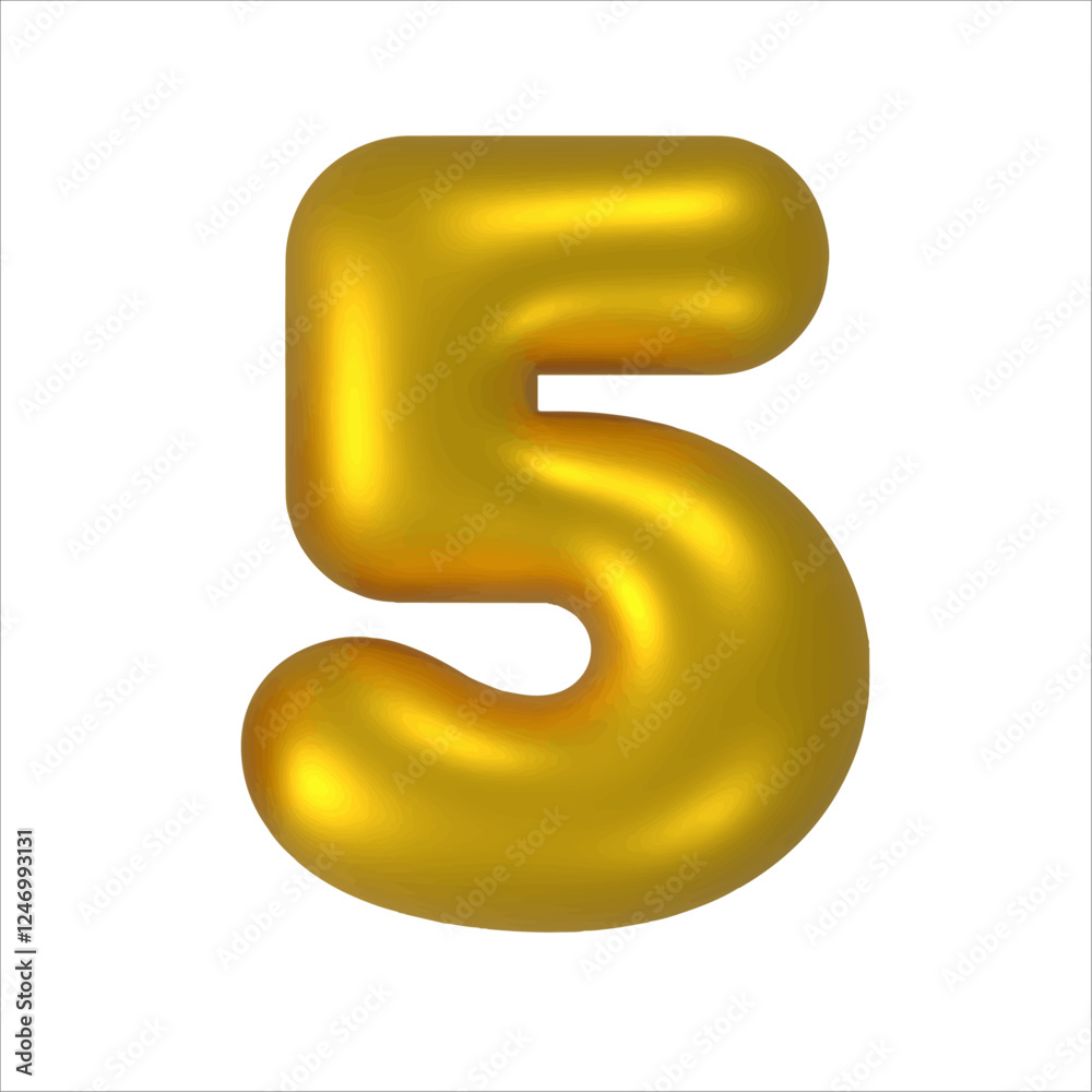 3D gold balloon number font. Number 5. Golden anniversary or birthday party celebrate. Shiny metal typography symbol for sale decoration. Bright font. 3D gold balloon number font. Number 5. Golden anniversary or birthday party celebrate. Shiny metal typography symbol for sale decoration. Bright font.
