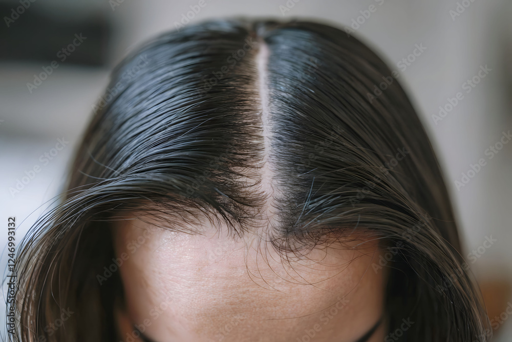 Close-Up Photograph of a Woman's Scalp with a Center Hair Part and Sleek Black Hair on a Neutral Background Close-Up Photograph of a Woman's Scalp with a Center Hair Part and Sleek Black Hair on a Neutral Background