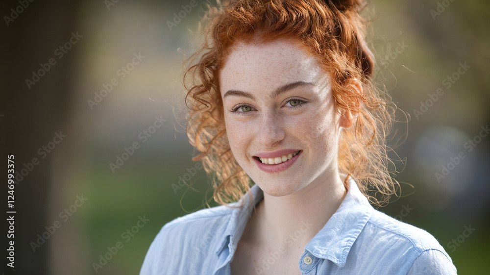 Red hair smiling woman young high-quality photo with freckles and green eyes taken outdoors, medium shot generative ai Red hair smiling woman young high-quality photo with freckles and green eyes taken outdoors, medium shot generative ai