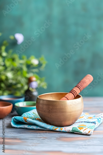 A serene setting for a sound healing session, featuring a large golden singing bowl resting on a soft cushion, surrounded by smaller bowls of different tones