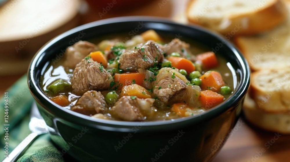 Pot of lamb stew filled with hearty ingredients like carrots, peas, and potatoes. A wholesome soup for a cold day.