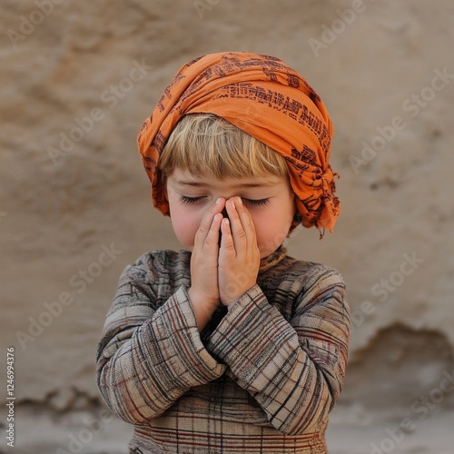 Child Praying in Desert Landscape; Possible Stock Photo photo