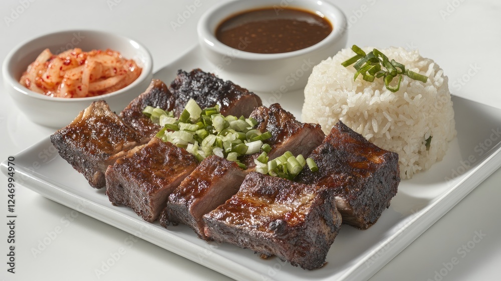 Korean galbi (grilled short ribs) served with a side of rice and dipping sauce on white. Korean galbi (grilled short ribs) served with a side of rice and dipping sauce on white.