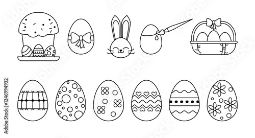 Set of icons for Easter. Bunny, Easter eggs, Easter cake, 
 basket. Holiday icon design, seasonal, festive, ornamental designs. Editable line.  Vector
