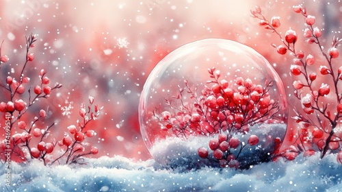 A serene winter scene featuring red berries encased in a glass snow globe amidst falling snow.