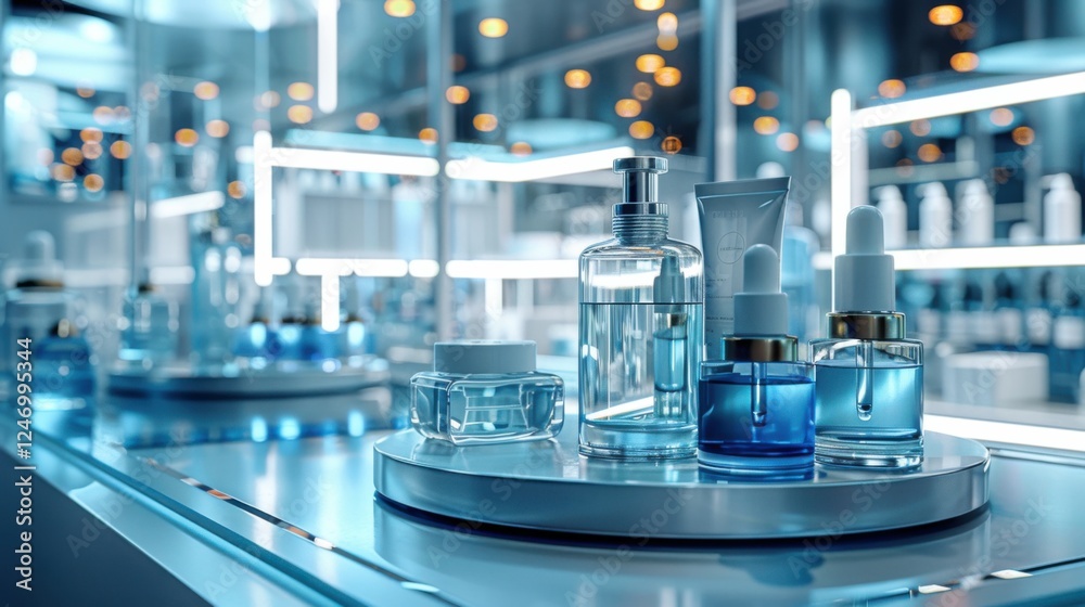 Cosmetic podium display featuring glass flask and cylinder equipment in a modern medical science lab background. 3D rendered, professional and clean Cosmetic podium display featuring glass flask and cylinder equipment in a modern medical science lab background. 3D rendered, professional and clean