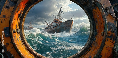 Through a weathered porthole, the tranquil sea outside an old ship cabin is visible