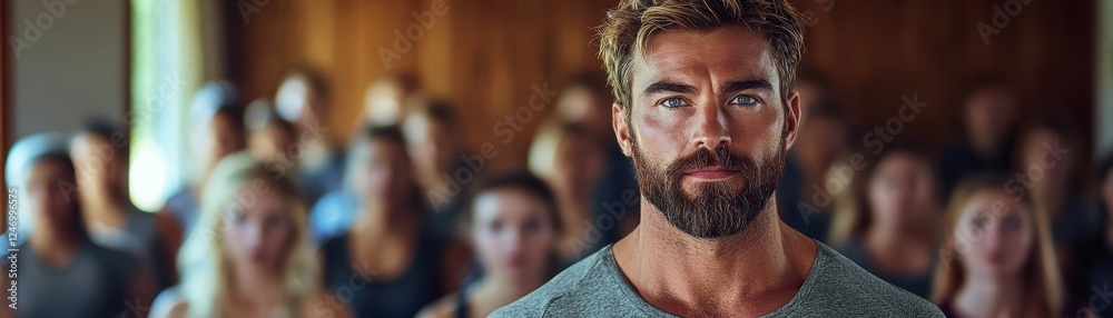 Fototapeta premium Confident Man in Focus Surrounded by People in Soft Lighting
