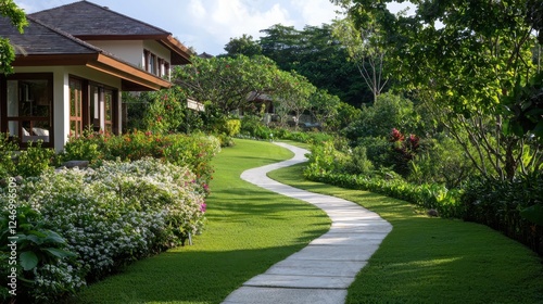 Mindful walking experience wellness retreat tranquil garden setting nature pathways scenic views promoting inner connection photo