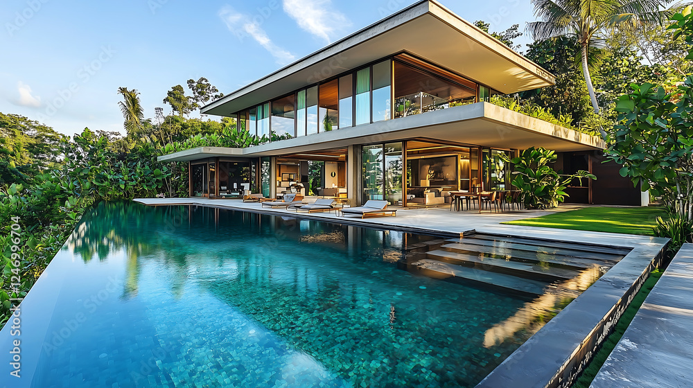 Fototapeta premium luxurious modern villa with floor to ceiling glass windows surrounded by lush greenery featuring an infinity pool spacious outdoor lounge and contemporary architecture in a tropical setting