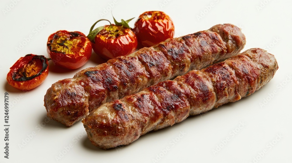 Turkish kebabs (skewered meat) arranged with a side of grilled tomatoes and peppers on white