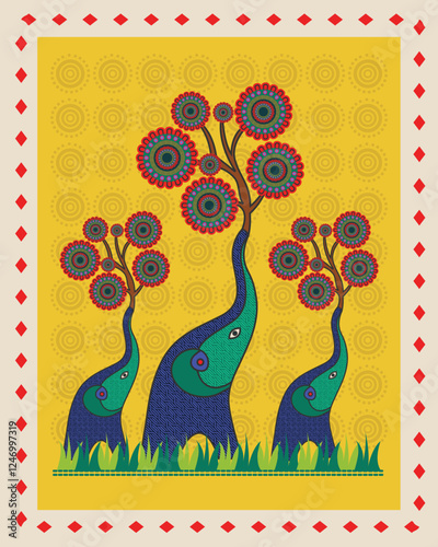 Harmony in Nature: Elephant and Tree in Intricate Madhubani Style. Madhubani art, Mithila painting, Indian folk art, Madhubani elephant tree.