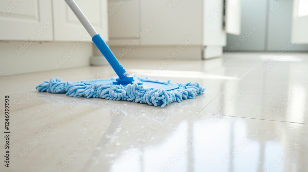 Mopping a clean floor in a bright room during the day with sun rays shining through the window highlighting the polished surface