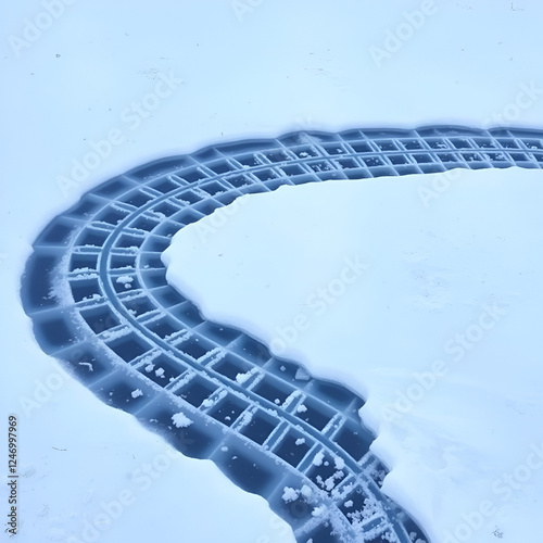 Skate tracks on ice with snowy snow. Winter background. photo