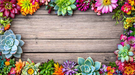 Vibrant Succulents and Flowers Frame a Rustic Wooden Background