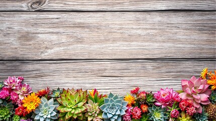 Vibrant Succulents and Flowers Frame a Rustic Wooden Background