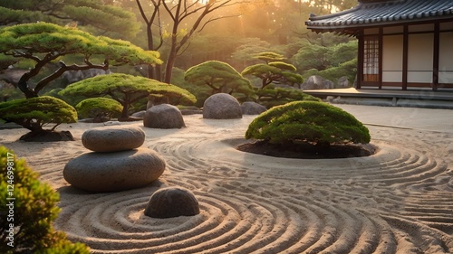 A peaceful Japanese rock garden with carefully raked sand patterns, bonsai trees, and a stone lantern illuminated by soft sunset light