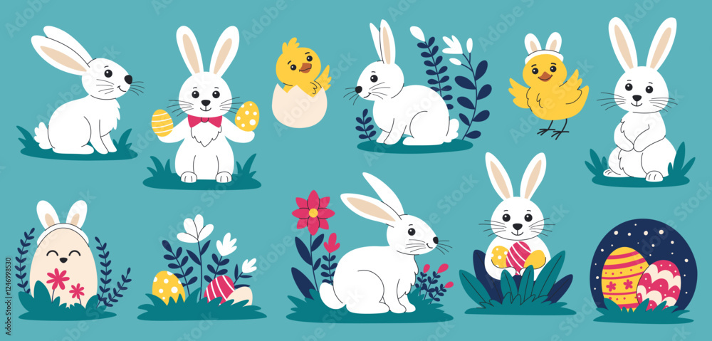 Cute cartoon Easter bunnies, chicks and eggs set. Collection of Easter compositions with animals and eggs for festive design.